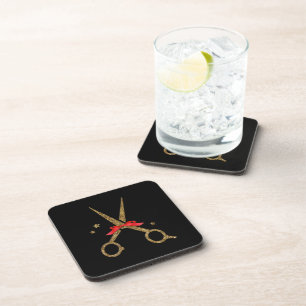 HAIR dresser stylist gift golden glitter scissors Beverage Coaster