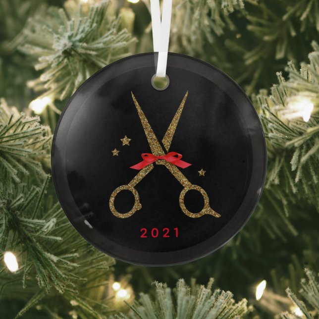 Hair dresser stylist Golden glitter scissors Metal Glass Ornament (Insitu)