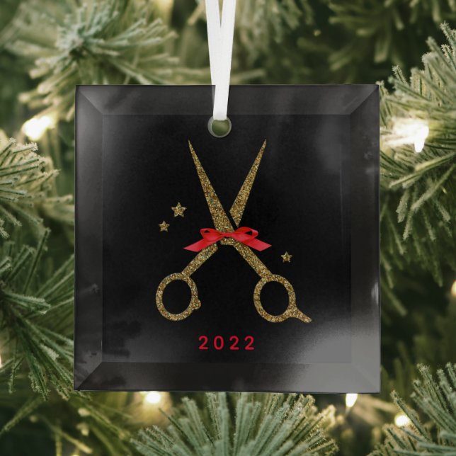 Hair dresser stylist Golden glitter scissors Metal Glass Ornament (Insitu)