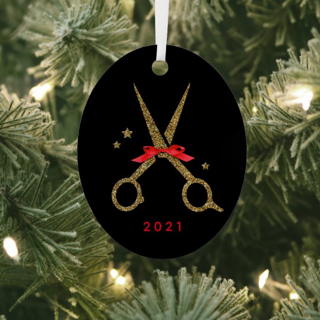 Hair dresser stylist Golden glitter scissors Metal Ornament (Insitu)