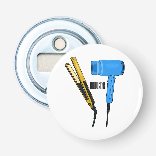 Hair dryer & hair straightener illustration bottle opener (Front)