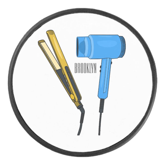 Hair dryer & hair straightener illustration hockey puck (Front)