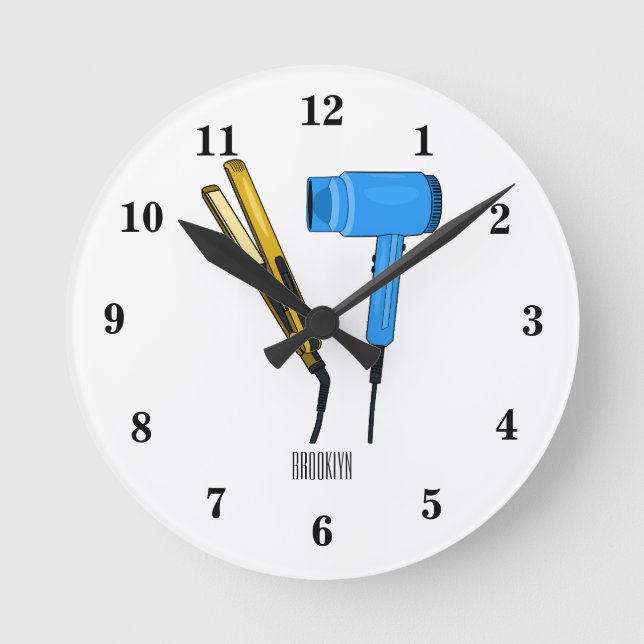 Hair dryer & hair straightener illustration round clock (Front)