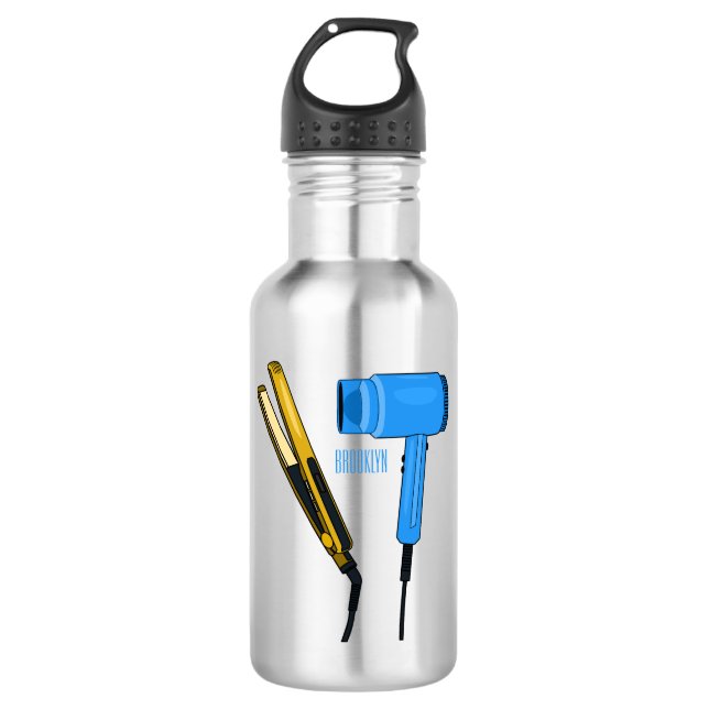 Hair dryer & hair straightener illustration stainless steel water bottle (Front)