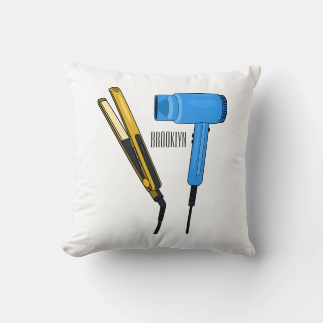 Hair dryer & hair straightener illustration throw pillow (Front)