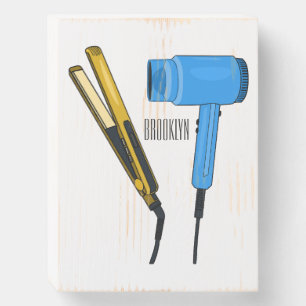 Hair dryer & hair straightener illustration wooden box sign
