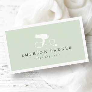 Hair dryer heart cord light sage green hairdresser business card