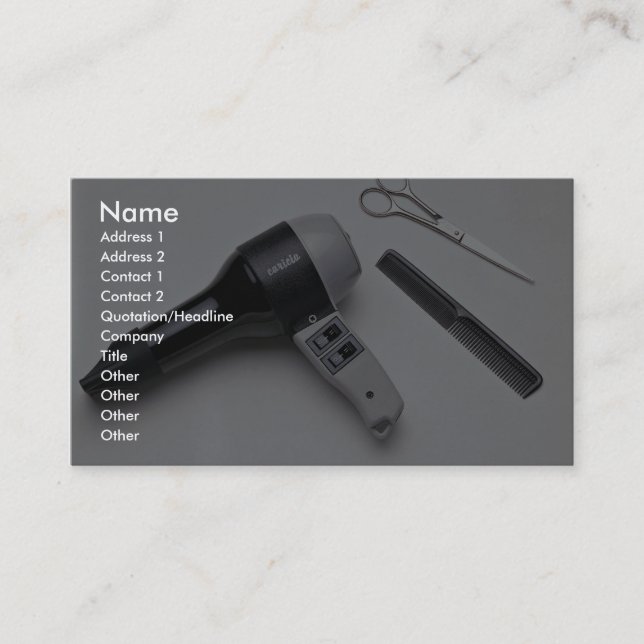 Hair dryer with scissors and comb business card (Front)