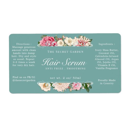 Hair Face Serum Mint Vintage Floral Swirls Bottle Label