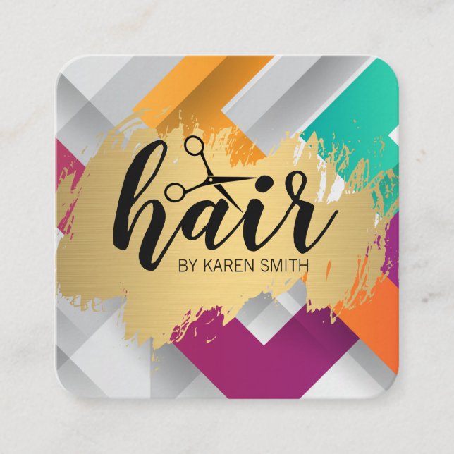 HAIR / Gold Brushed / Modern Colorful Stripes Square Business Card (Front)