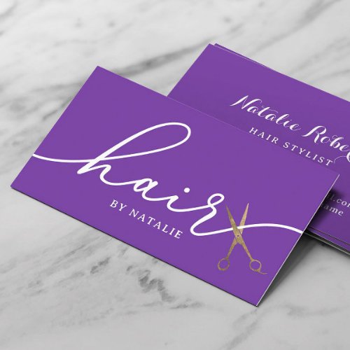 Hair Gold Scissor Elegant Purple Beauty Salon Business Card