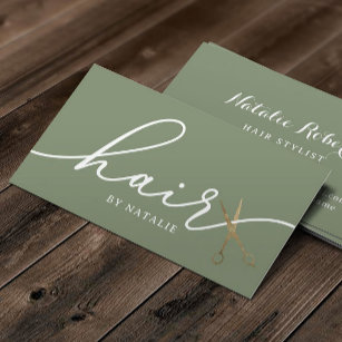 Hair Gold Scissor Sage Green Elegant Typography Business Card