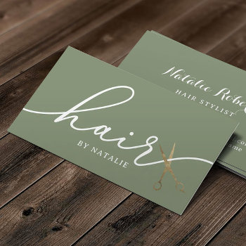 Hair Gold Scissor Sage Green Elegant Typography Business Card by cardfactory at Zazzle