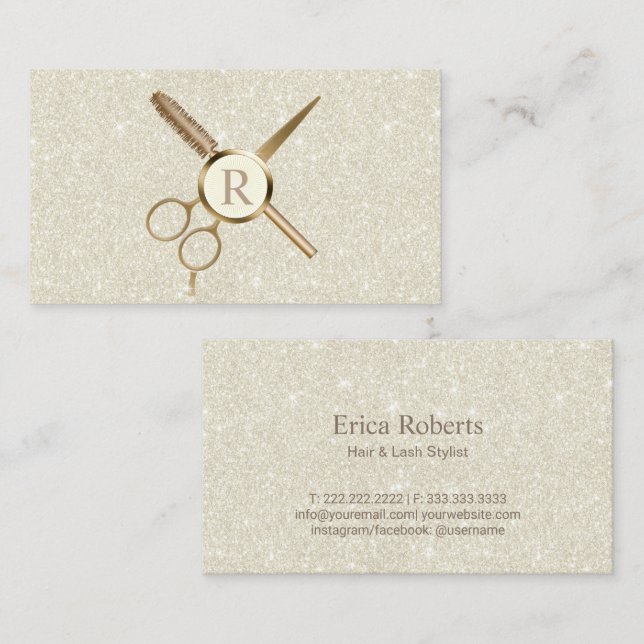 Hair & Lash Stylist Gold Monogram Elegant Ivory Business Card (Front/Back)