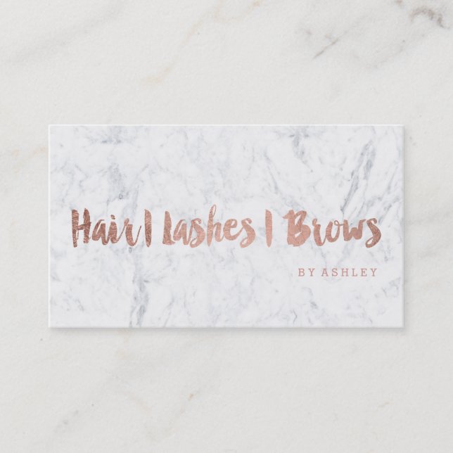 Hair lashes brows faux rose gold typography marble business card (Front)