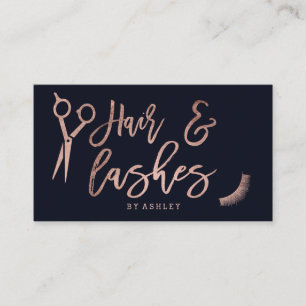 Hair lashes rose gold typography navy blue business card