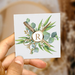 Hair & Lashes Salon Botanical Gold Monogram Square Business Card