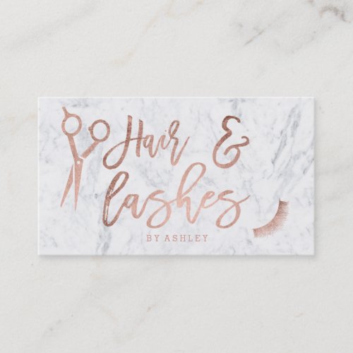 Hair lashes script rose gold typography marble 2 business card