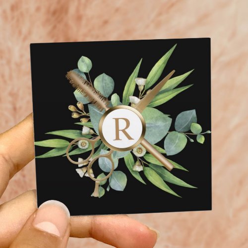 Hair  Lashes Stylist Greenery Gold Beauty Salon Square Business Card