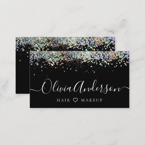 Hair Makeup Artist Black Holographic Glitter Business Card