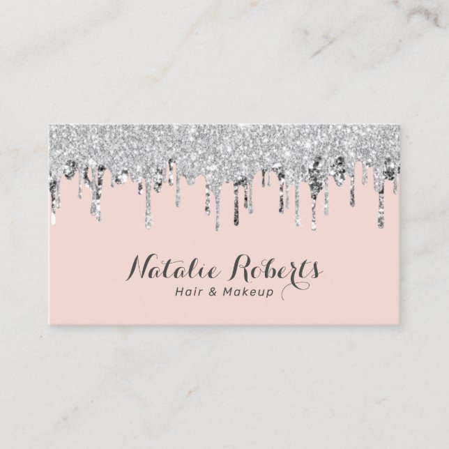 Hair & Makeup Artist Silver Glitter Drips Blush Business Card (Front)