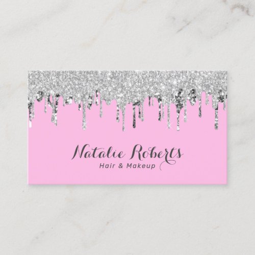 Hair  Makeup Artist Silver Glitter Drips Pink Business Card