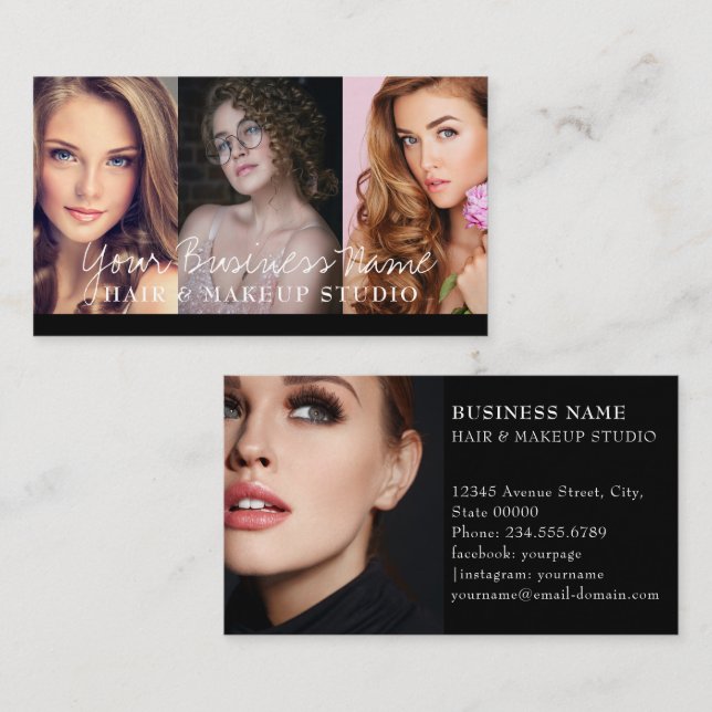 Hair & Makeup Artists 4 Photo college Black Luxury Business Card (Front/Back)