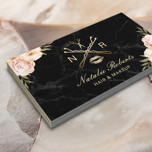 Customizable Hair Makeup Beauty Salon Logo Modern Floral Marble Business Card