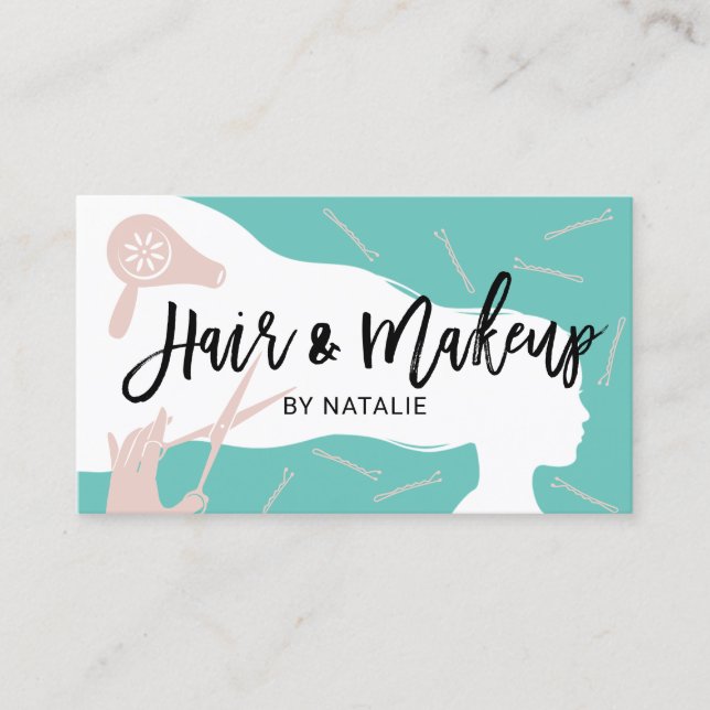 Hair & Makeup Beauty Salon Teal & Pink Typography Business Card (Front)