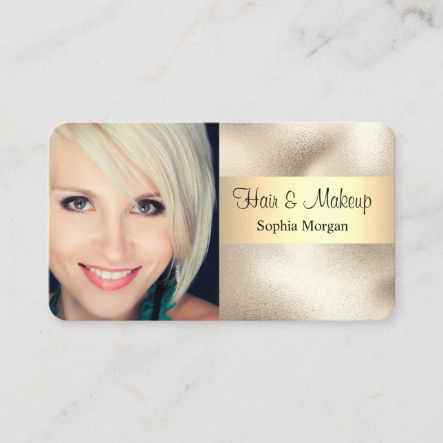 Hair & Makeup, Black Text, Your Photo, Gold, Vs 4 Business Card (Front)