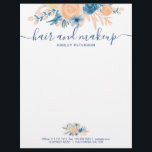 Hair makeup blue peach floral watercolor details letterhead<br><div class="desc">Professional elegant modern,  stylish hair and makeup artist letterhead typography with a classic hand painted navy blue,  peach and coral flowers arrangement and modern and chic script calligraphy.</div>