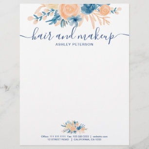 Hair makeup blue peach floral watercolor details letterhead