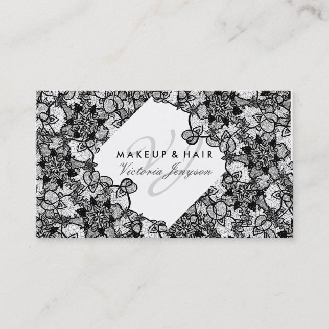 Hair makeup floral black hand drawn lace pattern business card (Front)