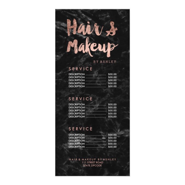 Hair makeup gold script black marble price list rack card (Front)