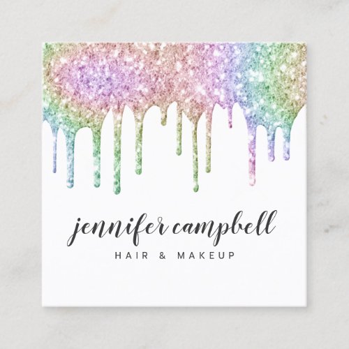 Hair makeup holographic unicorn glitter drips chic square business card
