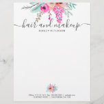 Hair makeup mint pink floral watercolor details letterhead<br><div class="desc">Professional elegant modern,  stylish hair and makeup artist letterhead typography with hand painted red burgundy roses,  pastel pink and neon pink flowers with green and brown leaf and branches in a botanical bouquet arrangement. An elegant script calligraphy, </div>
