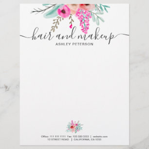 Hair makeup mint pink floral watercolor details letterhead