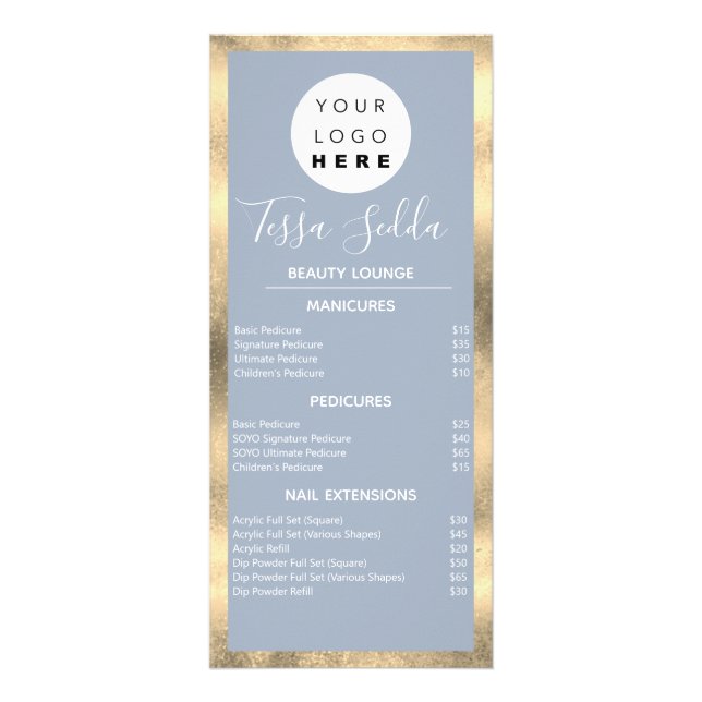 Hair Makeup Nails Manicure Pedicure Gold Smoky Blu Rack Card (Front)