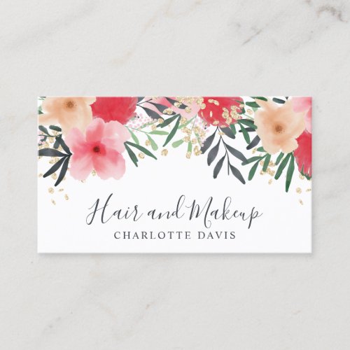 Hair makeup pink red green watercolor floral gold business card