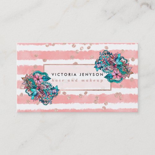 Hair makeup rose gold confetti floral pink stripes business card