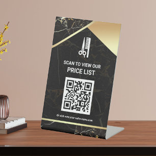 Hair Makeup Salon QR Code Price List Black Marble Pedestal Sign