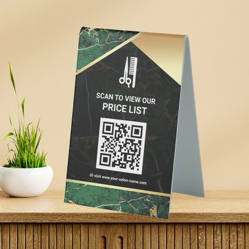 Hair Makeup Salon QR Code Price List Green Marble Table Tent Sign