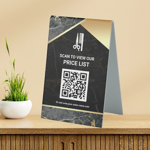 Hair Makeup Salon QR Code Price List Grey Marble Table Tent Sign