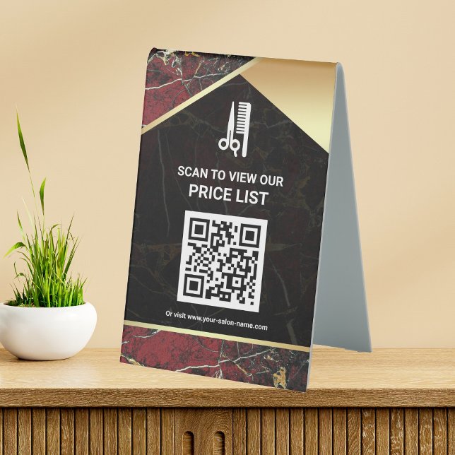 Hair Makeup Salon QR Code Price List Red Marble Table Tent (Creator Uploaded)