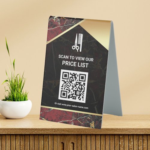 Hair Makeup Salon QR Code Price List Red Marble Table Tent Sign