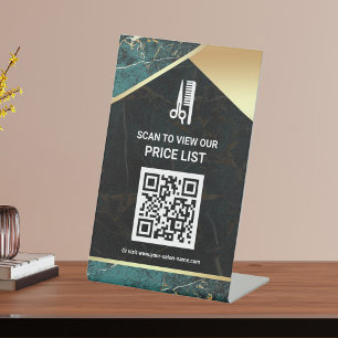 Hair Makeup Salon QR Code Price List Teal Marble Pedestal Sign