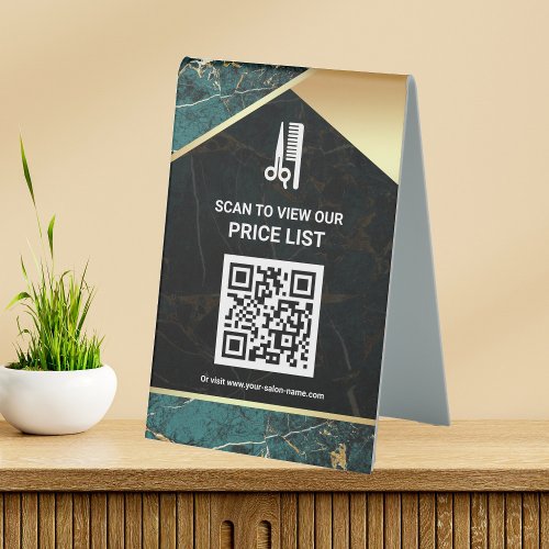 Hair Makeup Salon QR Code Price List Teal Marble Table Tent Sign