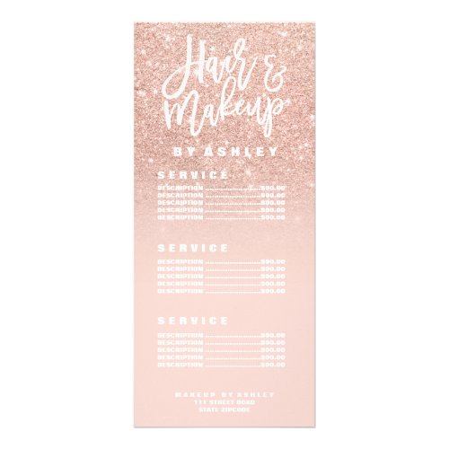 Hair makeup typography blush rose gold price list rack card