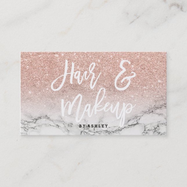 Hair Makeup typography rose gold glitter marble Business Card (Front)
