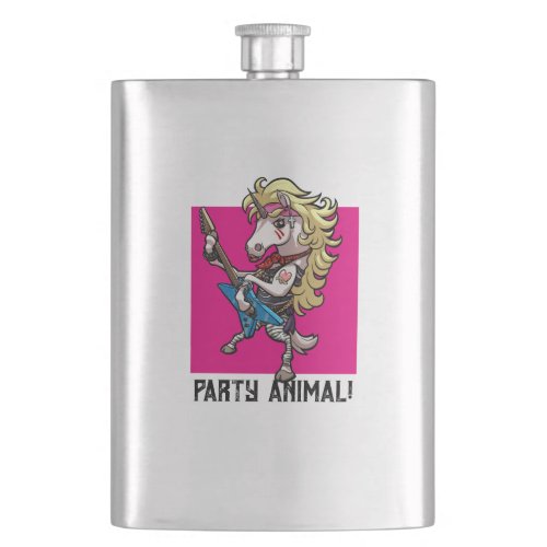 Hair Metal Glam Rock Unicorn Blue Guitar Cartoon Flask